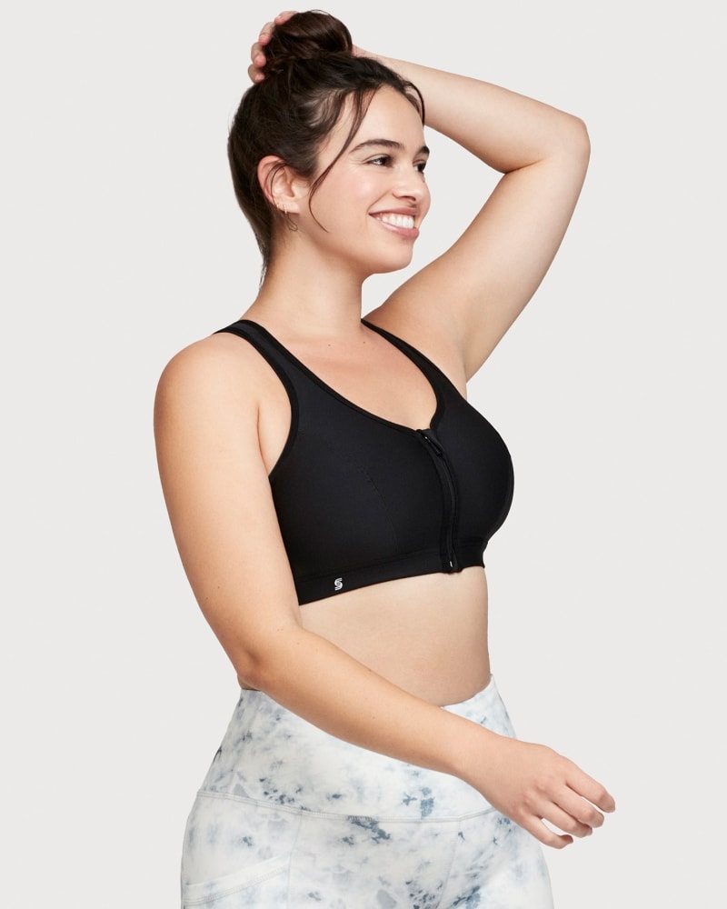 Front of a model wearing a size 48F Zip Up Front-Closure Sports Bra in Black by Glamorise Sport. | dia_product_style_image_id:263114